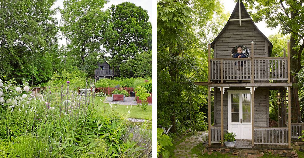 Kul kombo - lekstuga överst och hönshus nederst. Dottern Thelma har fin utsikt över trädgården från sin balkong där.