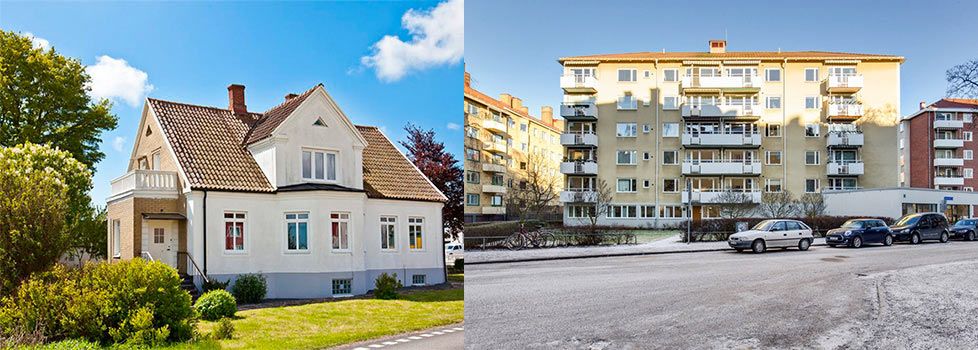 Villa i Borrby till vänster och lägenhet i Uppsala till höger.