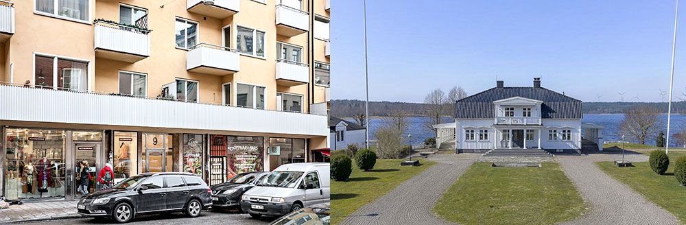 Lägenhet i Vasastan till vänster och villa vid Ekenässjön till höger.