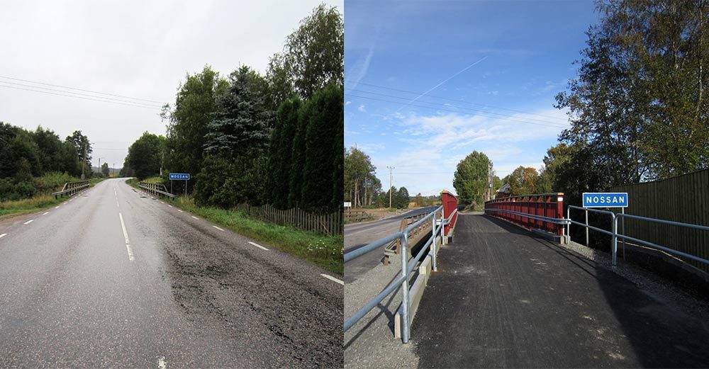 Före- och efter-bild av cykelväg vid väg 1921 i Herrljunga. Cykelvägen ingår i projektet 10 mil.