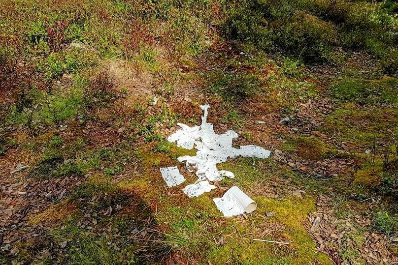 Här har vandrare uträttat sina behov bara ett par meter från vandringsleden och låtit toapappret ligga.