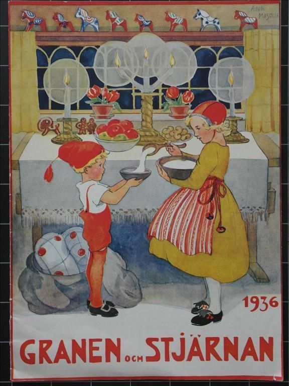 Barn i folkdräkt dukar julbord framför tända ljus och julpynt, 1936-affisch