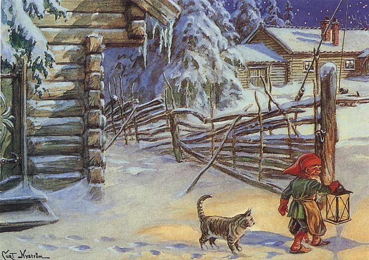 Illustration av tomte med lykta och katt går genom snö vid gammal timmerstuga en vinterkväll
