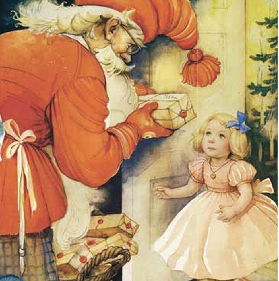 Illustration av tomte i röd dräkt räcker fram julklapp till liten flicka i rosa klänning