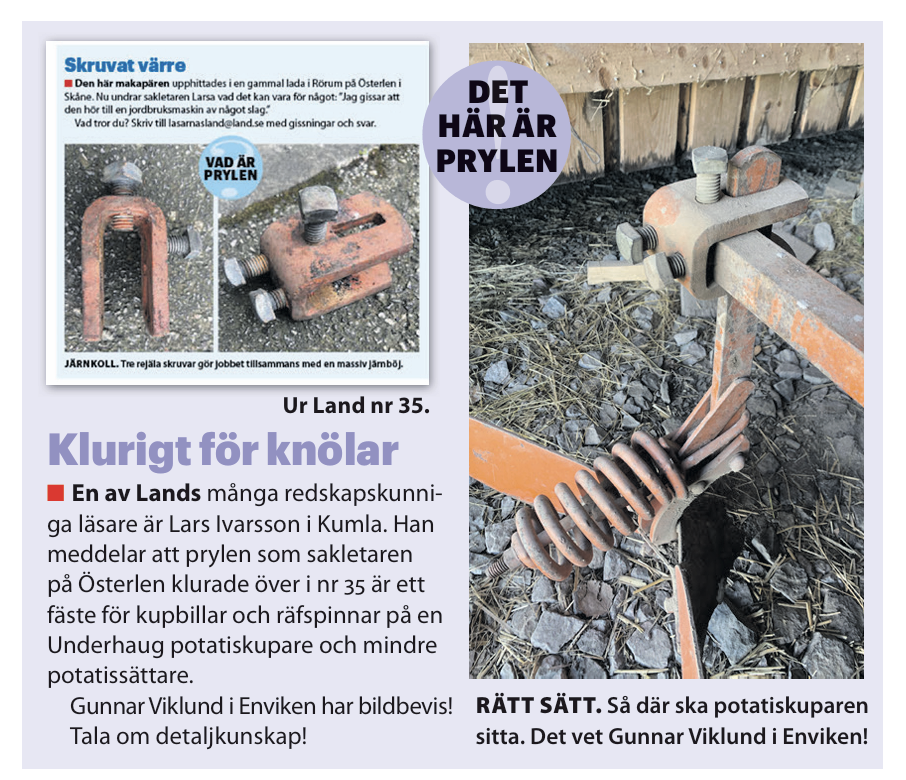 Tidningssida med gammalt potatisupptagare-verktyg i närbild och förklarande text