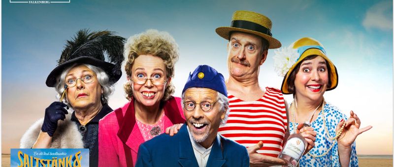 Fem glada personer i färgglada, komiska kostymer framför himmel och hav