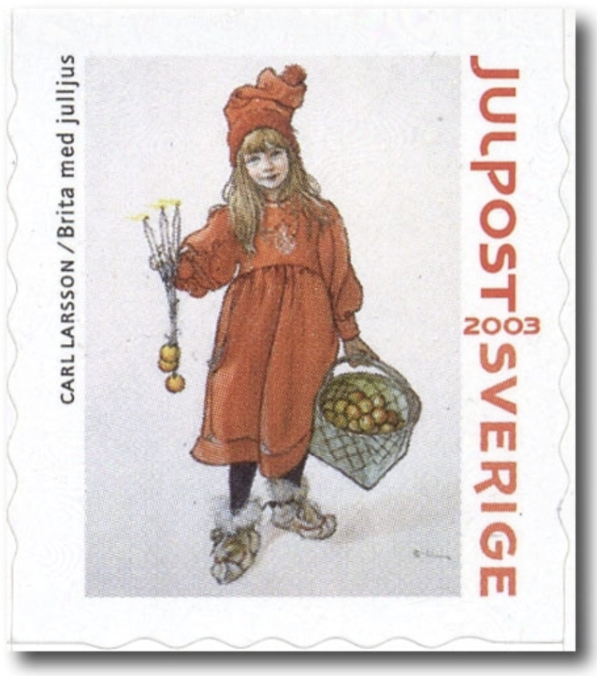 Illustration av flicka i röd dräkt med äppelkorg på svenskt julfrimärke