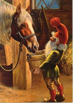 Tomte i stall med häst, illustration av Anders Olsson