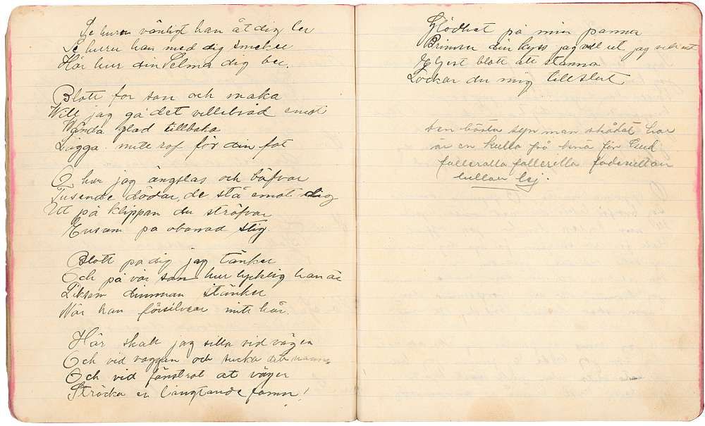 I sin anteckningsbok med svarta vaxdukspärmar skrev Karolina dikter, sånger, reflektioner och tankar. Den 17 januari 1913 varnade hon sina medsystrar i en dikt som hette Om skalkar locka. Skalkar är det samma som skojare.