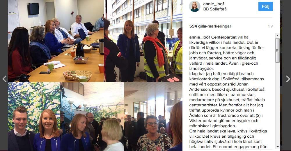 "En känslostark dag" så beskriver Annie Lööf besöket i Sollefteå på sin Instagram. På bilden längst ner till vänster syns Johan Andersson som bor i Resele, och är lokal c-politiker i Sollefteå. Foto: Instagram.