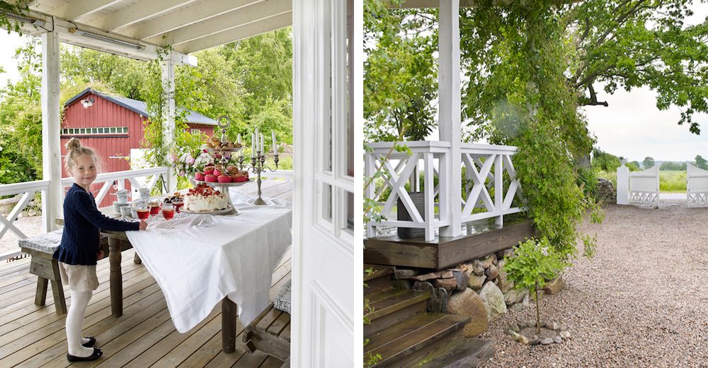 Verandan som de byggde efter en förlaga i Åre, används nästan året om. Här firas Thelmas sommarlov in med tårtkalas.