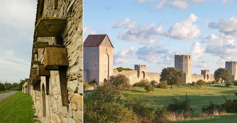 Till vänster den medeltida gården Kattlunds, till höger Visby ringmur.