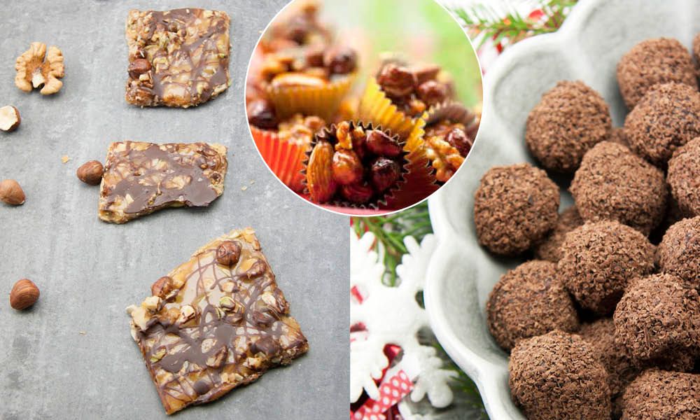 Olika choklad- och nötsötsaker upplagda på fat och bricka