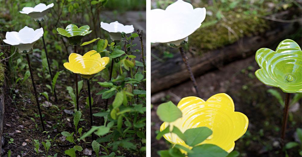 Vackra keramikblommor att sticka ned i rabatten.