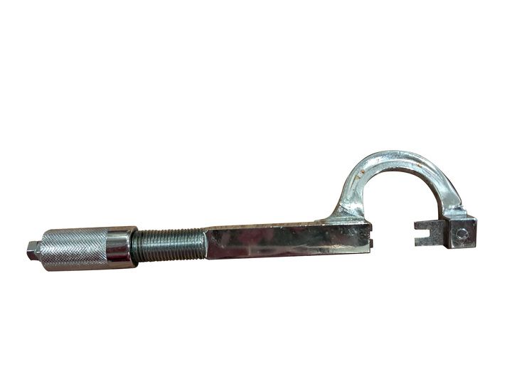 Metalliskt specialverktyg eller nyckel med C-formad ände och gängad justering