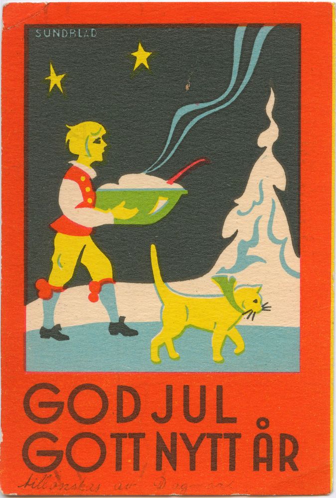 Illustrerat julkort med texten GOD JUL GOTT NYTT ÅR, person och gul katt i snö
