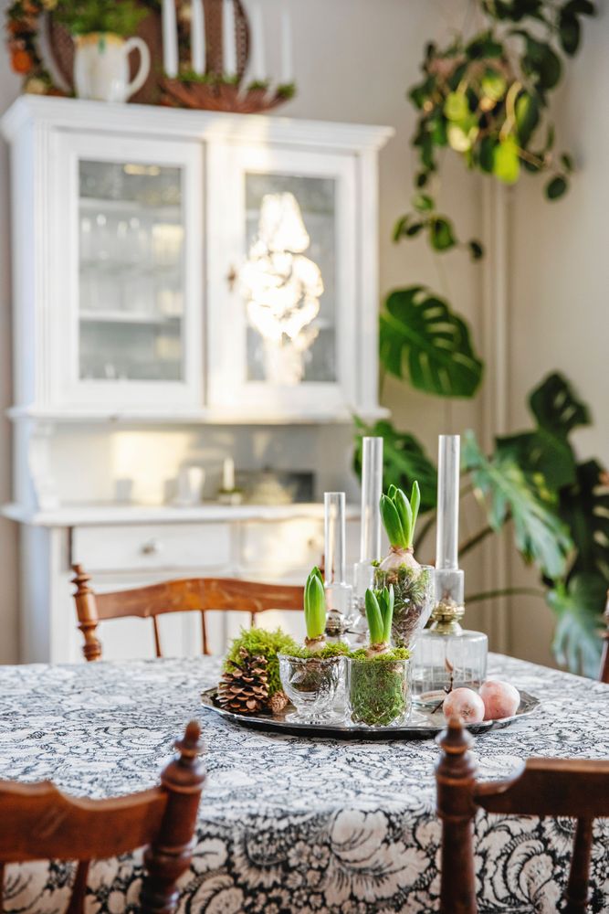 Vintersolen speglas i vitrinskåpet i matsalen.