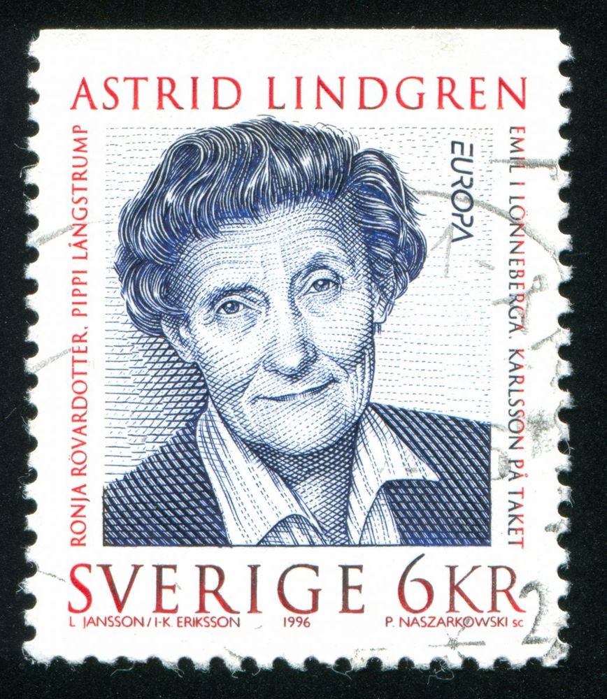 Frimärke med Astrid Lindgren på. 