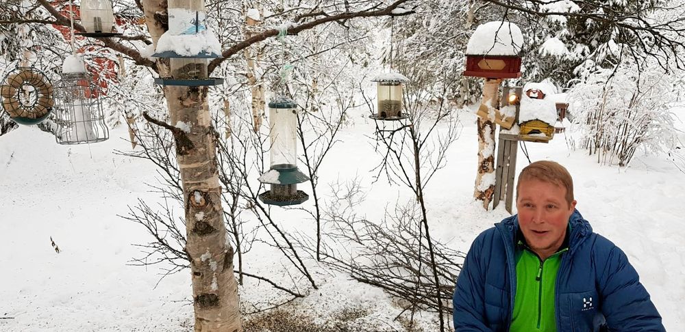 Mattias Larsson i byn Kuttainen bjuder fåglarna på flera olika sorters mat.
