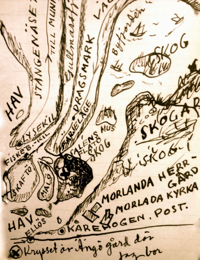 Evert Taubes handritade karta över Flatön. 