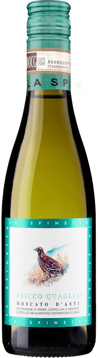 Grön vinflaska La Spinetta Moscato d’Asti med turkos etikett och fågelmotiv, passar till färska jordgubbar.