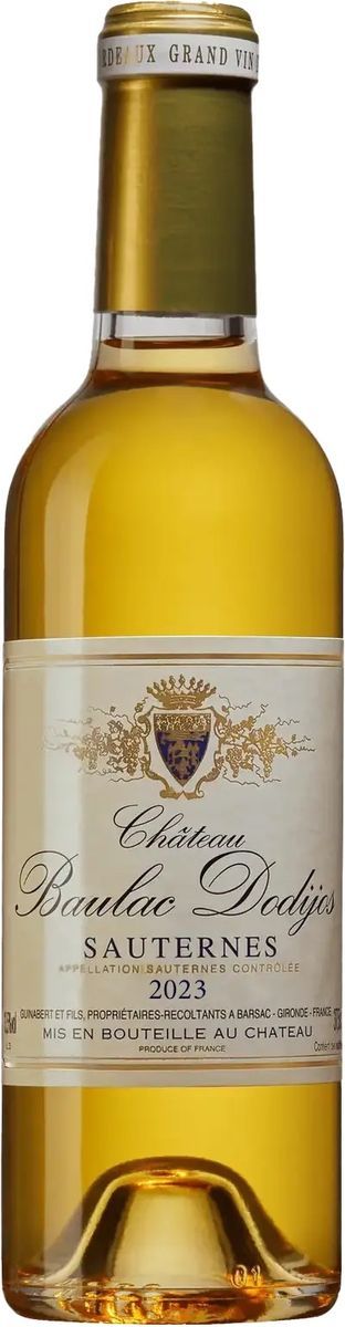 Flaska Château Baulac Dodijos Sauternes 2023 med ljusgul dessertvinsetikett, passar till smördegsbakelse.