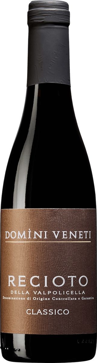 Flaska rött vin med etiketten Domìni Veneti Recioto della Valpolicella Classico, passar till chokladdessert.