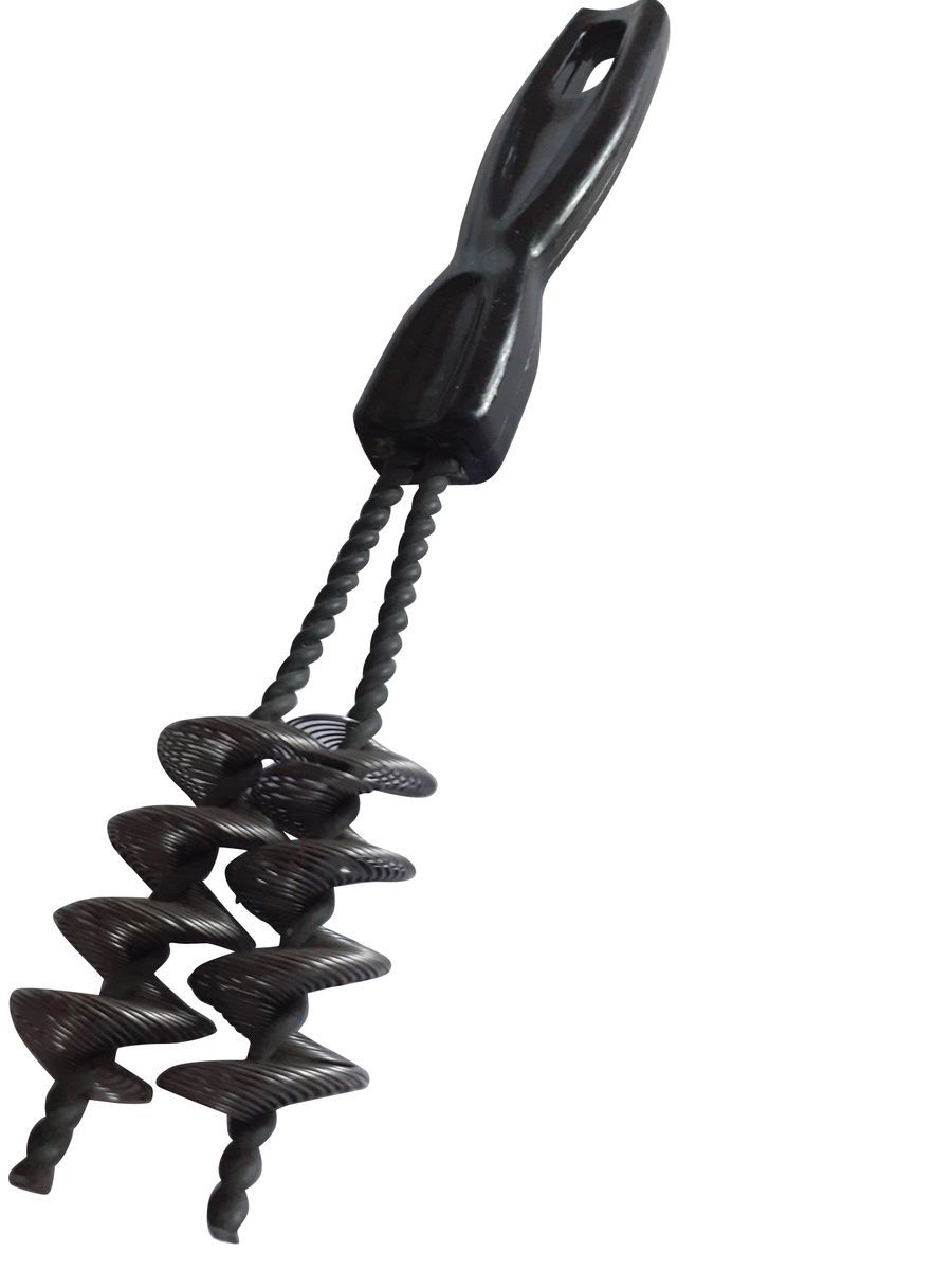 Svart rensverktyg med spiralformade plastskruvar och handtag