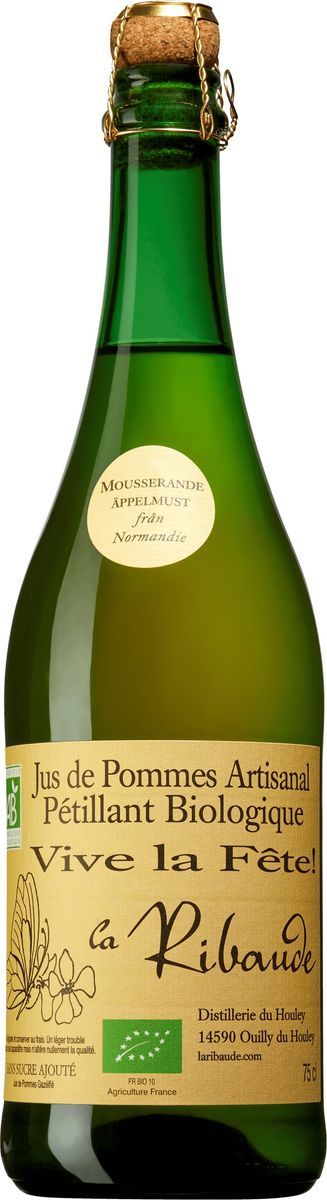 Flaska med mousserande ekologisk äppelmust, etikett Vive la Fête! La Ribaude. Passar till fruktsallad.