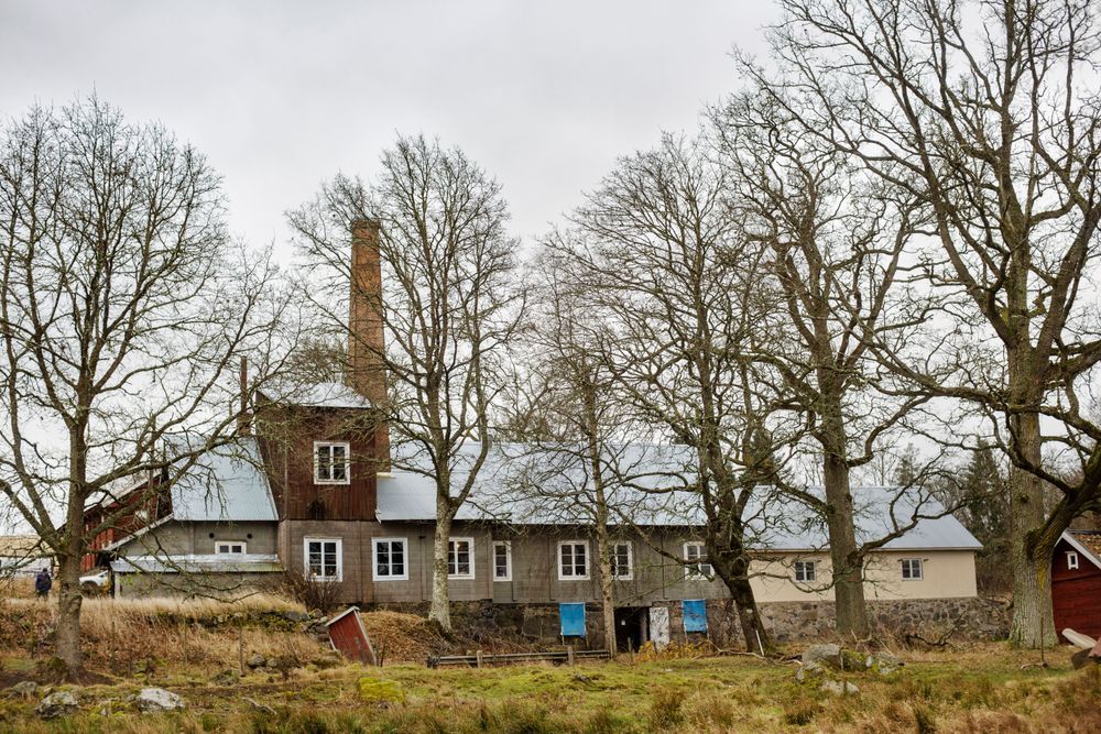 Det gamla bryggeriet omgivet av kal träd på landsbygden.