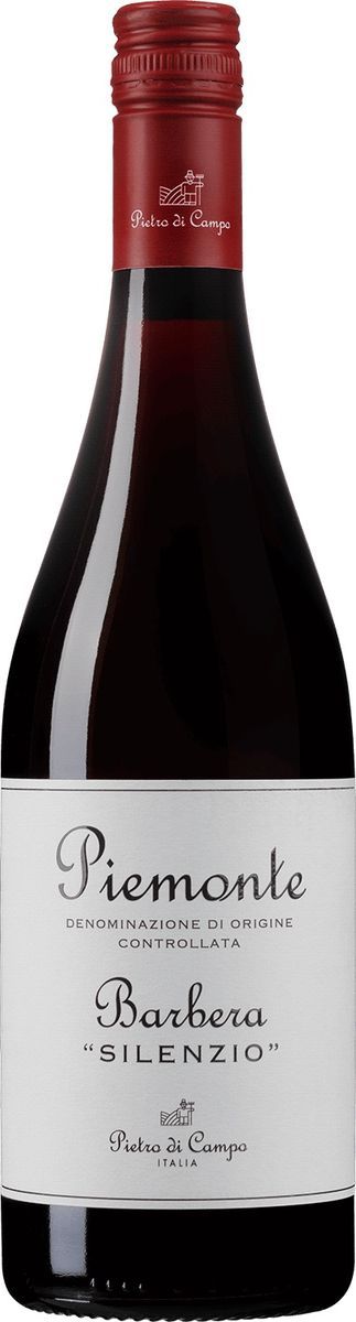 Flaska rött vin Piemonte Barbera Silenzio med vit etikett och röd kapsyl