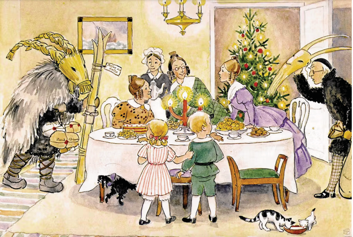 Illustration av julafton med julbockar som besöker familj runt dukat bord och julgran