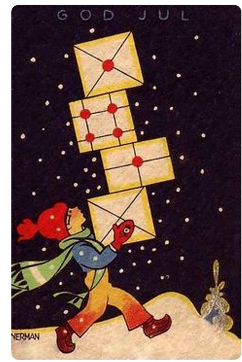 Illustration av ett barn i vinterkläder som bär en stapel julbrev under snöfall, texten 'God Jul' ovanför