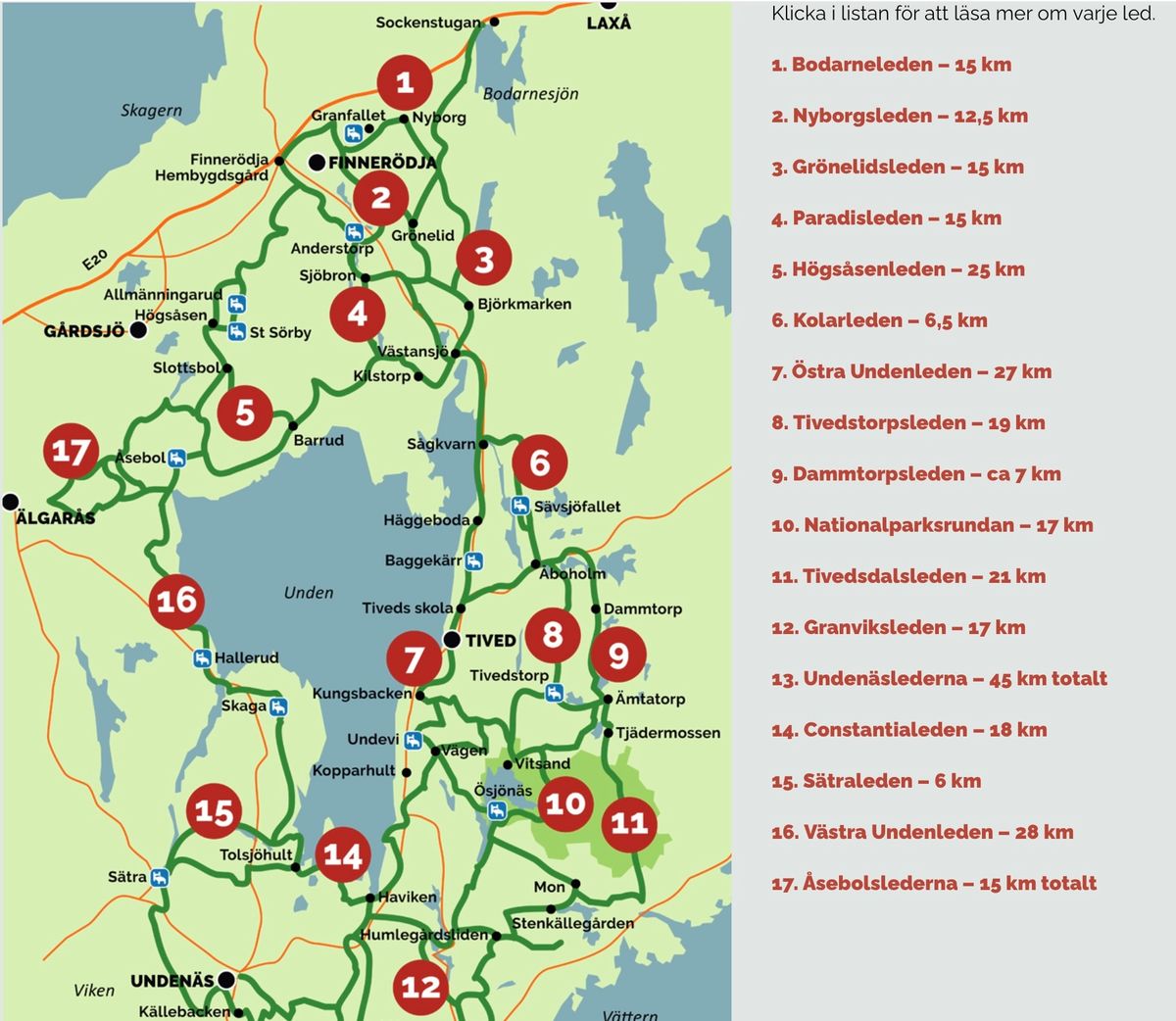 Karta över ridleder kring Tiveden med numrerade leder och sjöar markerade