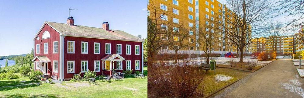 Herrgård i Gagnef till vänster och lägenhet på Södermalm till höger.