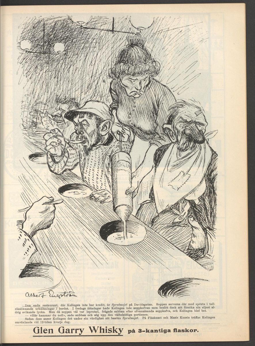 Karikatyr: kvinna häller whisky ur stor flaska i tallrikar åt tre män vid bord