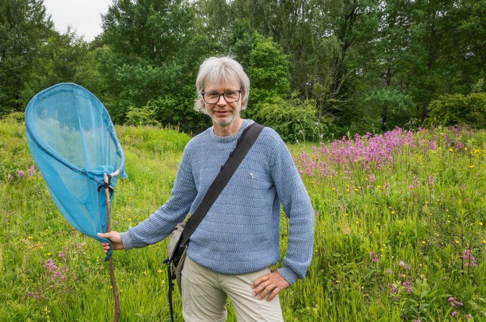 Biolog Tobias Ivarsson står med håv ute på blomstrande äng.