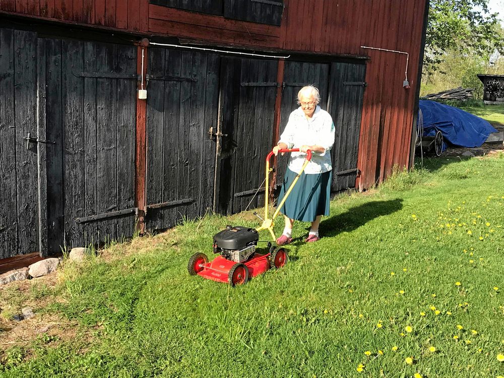 Hon klarar det mest själv, som att klippa gräset på gården.