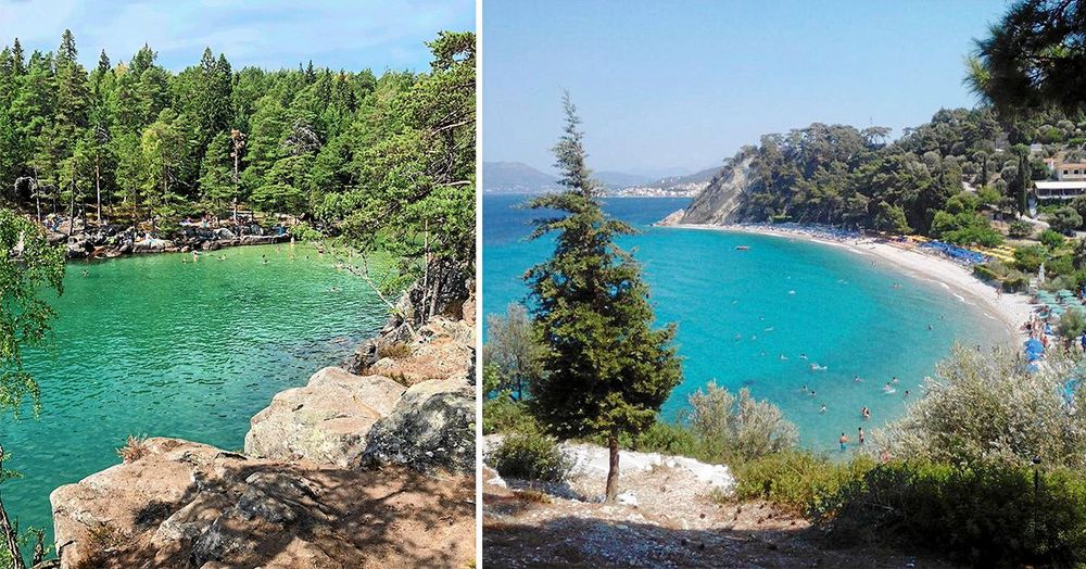 I området mellan Ombo öar och fastlandet vid Karlsborg hittar du Djäknesundet (till vänster), där sommardoppet kan liknas vid grekiska Samos (till höger).