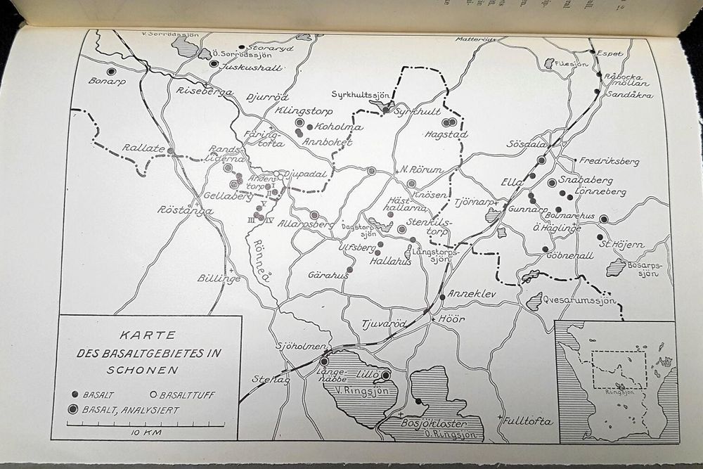 En tysk vulkankarta över området i Skåne, ur boken "Zur geologie der Südschwedishen basalte", från år 1934.
