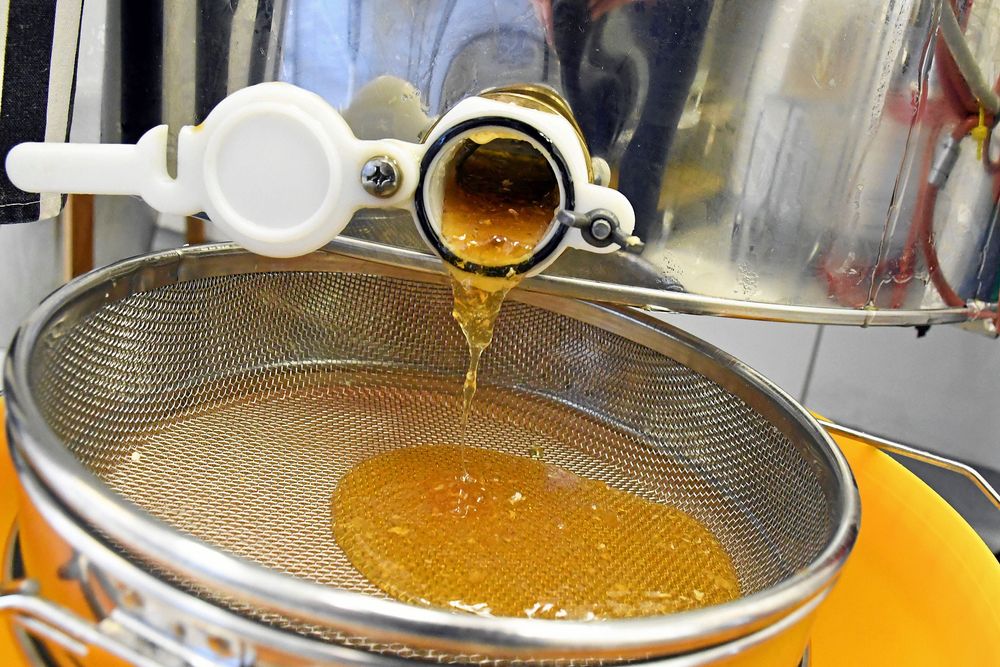Efter ett tag börjar honungen att droppa ut ur slungningsmaskinen.