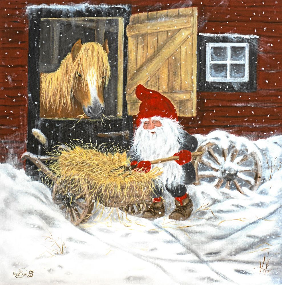 Fint julkortsmotiv med tomten som ger hästen lite extra gott julhö i stallet.