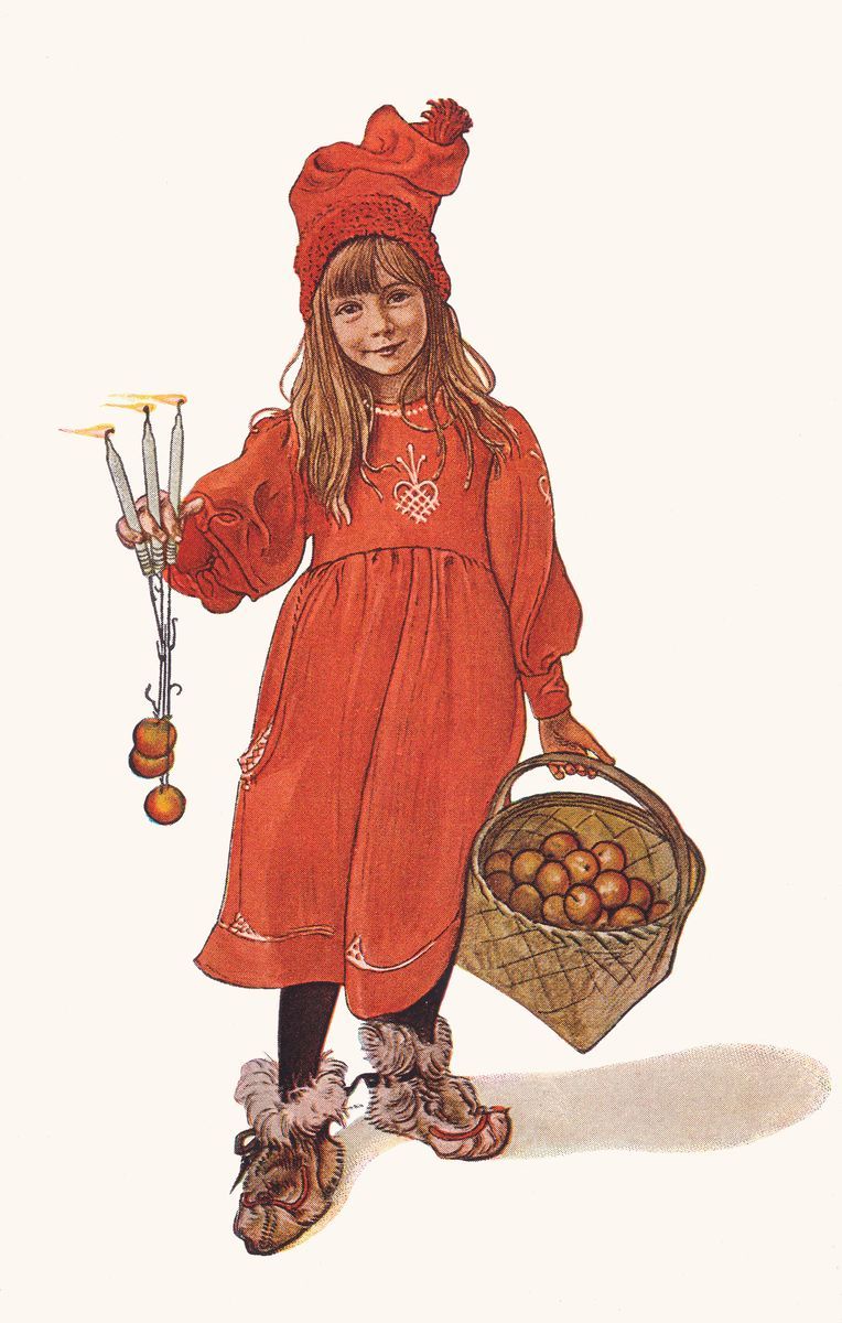 Carl Larsson-illustration, flicka i röd dräkt med ljus i handen och korg med äpplen