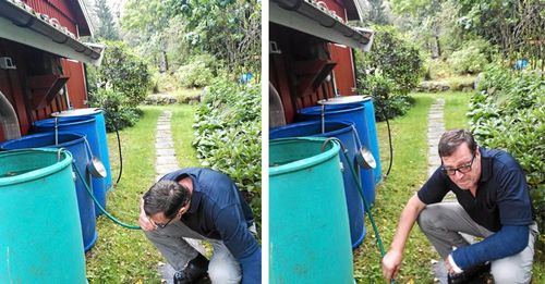 Så skapar Bo ett slags vakuum i slangen, genom att suga upp vattnet från botten av tunnan så att det rinner ur slangens andra ände - sedan stoppa ned den i intillstående tunna.